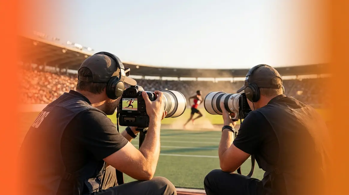 Photographer using action photography settings to capture fast-moving athlete on sunlit sports field