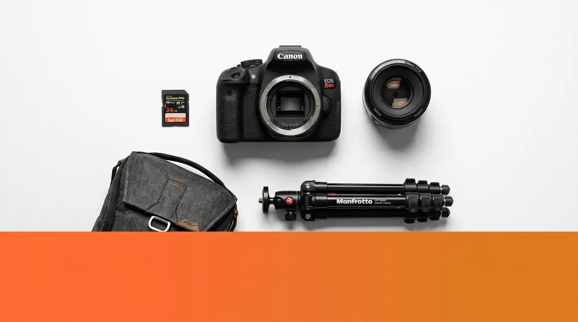 Best budget photography gear laid flat including camera body prime lens and accessories