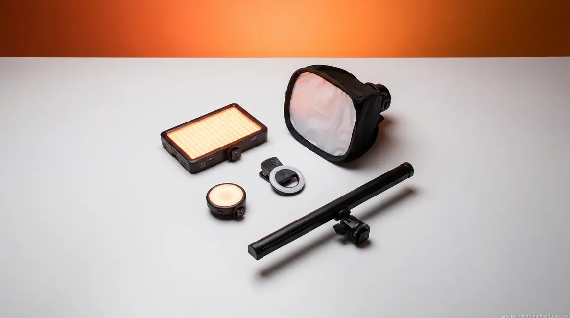 Best camera lights for video and photography arranged in a flat-lay studio comparison