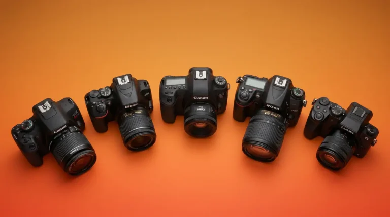 Five best DSLR cameras under $500 arranged side by side including Nikon D3500 and Canon Rebel T7