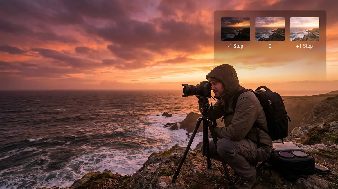 What is bracketing photography — photographer shooting sunset with three exposure bracket frames displayed