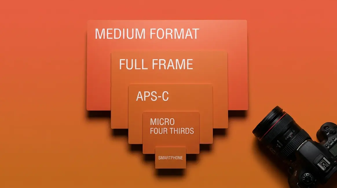 Camera sensor size comparison chart showing Full Frame APS-C Micro Four Thirds and smartphone formats to scale
