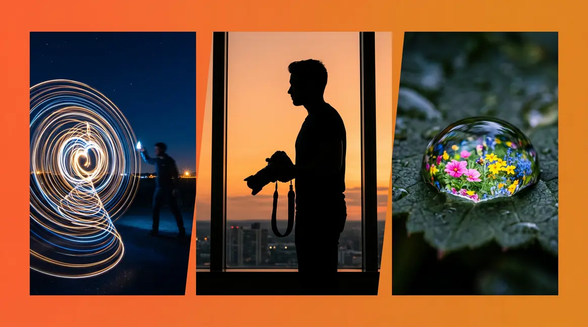 Creative photography examples collage showing light painting, silhouette portrait, and macro water droplet techniques