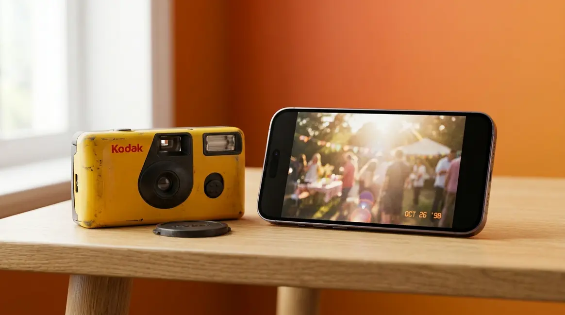 Disposable camera next to a smartphone displaying film photos ready to share