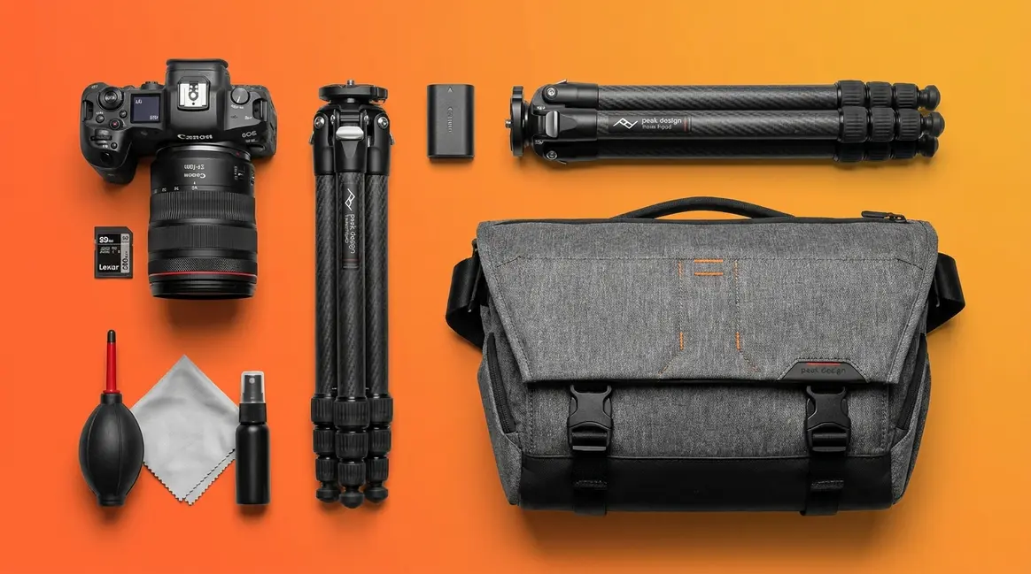 Best DSLR camera accessories flat-lay showing tripod, battery, memory card, cleaning kit, and bag