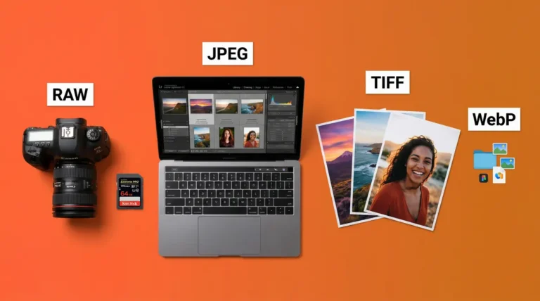 File formats in photography guide showing RAW JPEG TIFF WebP format cards with camera and memory card