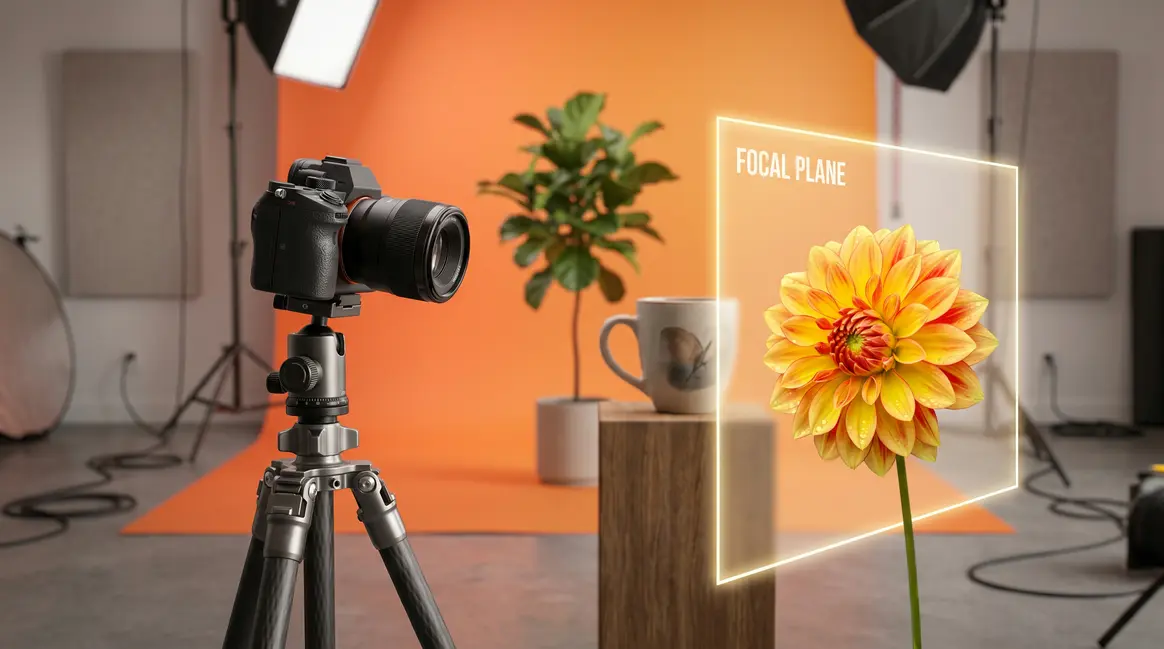 Focal plane in photography diagram showing camera, sharp subject, and blurred background elements