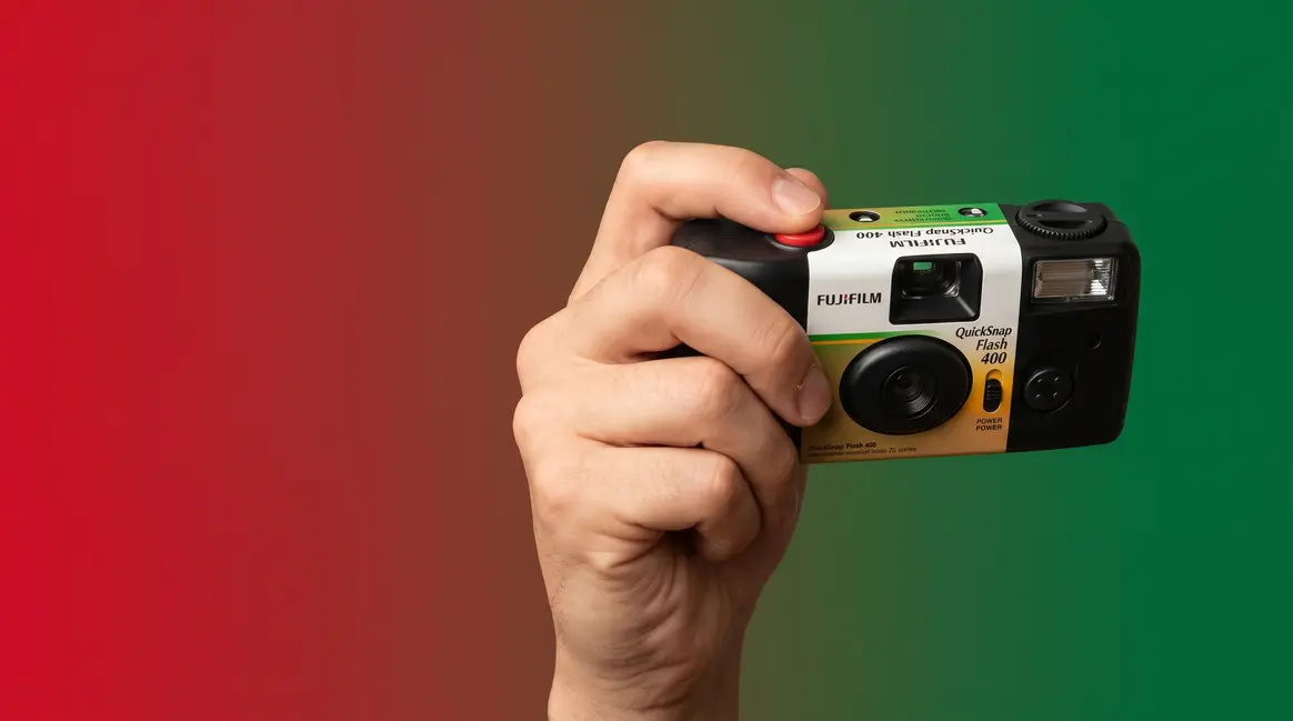How to use a Fujifilm disposable camera — QuickSnap Flash 400 held ready to shoot