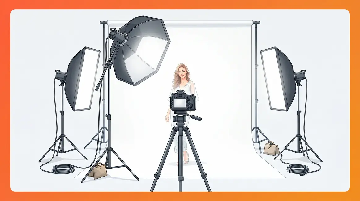 High key lighting photography studio setup with white backdrop, softbox, and three studio lights