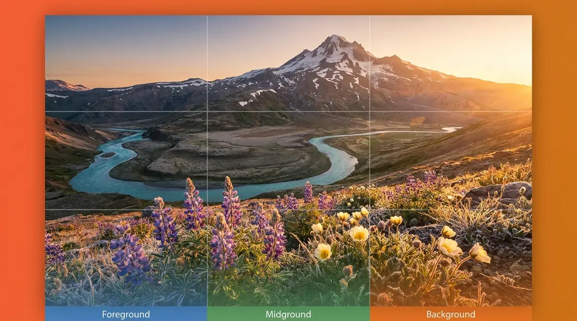 Landscape photo composition example showing rule of thirds leading lines and depth layers in mountain valley
