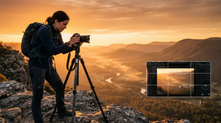 Beginner photographer using tripod at golden hour to capture landscape photography techniques