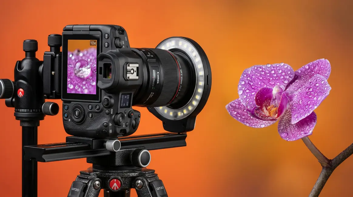 Complete macro photography process setup showing camera on tripod with focusing rail and close-up flower subject