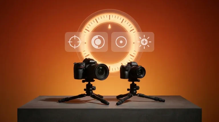 Camera metering mode explained — DSLR and mirrorless cameras with metering mode symbols on orange gradient