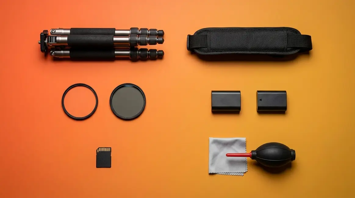 Must-have photo accessories for beginners including tripod strap filters batteries and cleaning kit