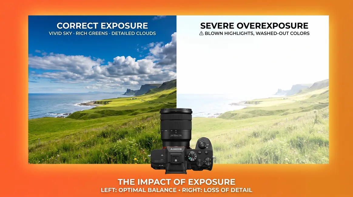 What is overexposure in photography — correctly exposed vs overexposed landscape comparison
