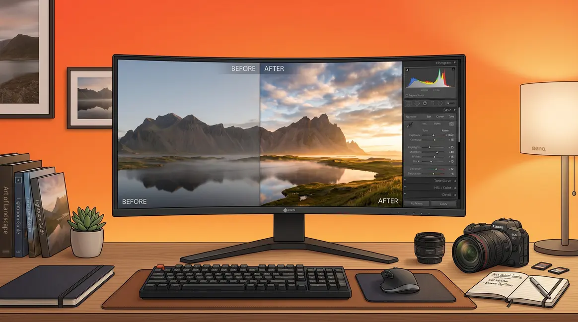 Photo editing step by step workflow shown on a monitor with before and after landscape comparison