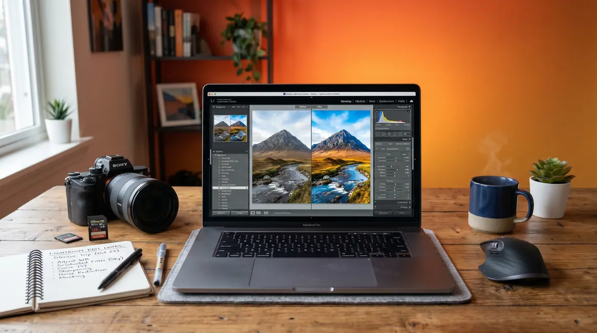 Photo editing workflow for beginners showing Lightroom open on a laptop with camera nearby