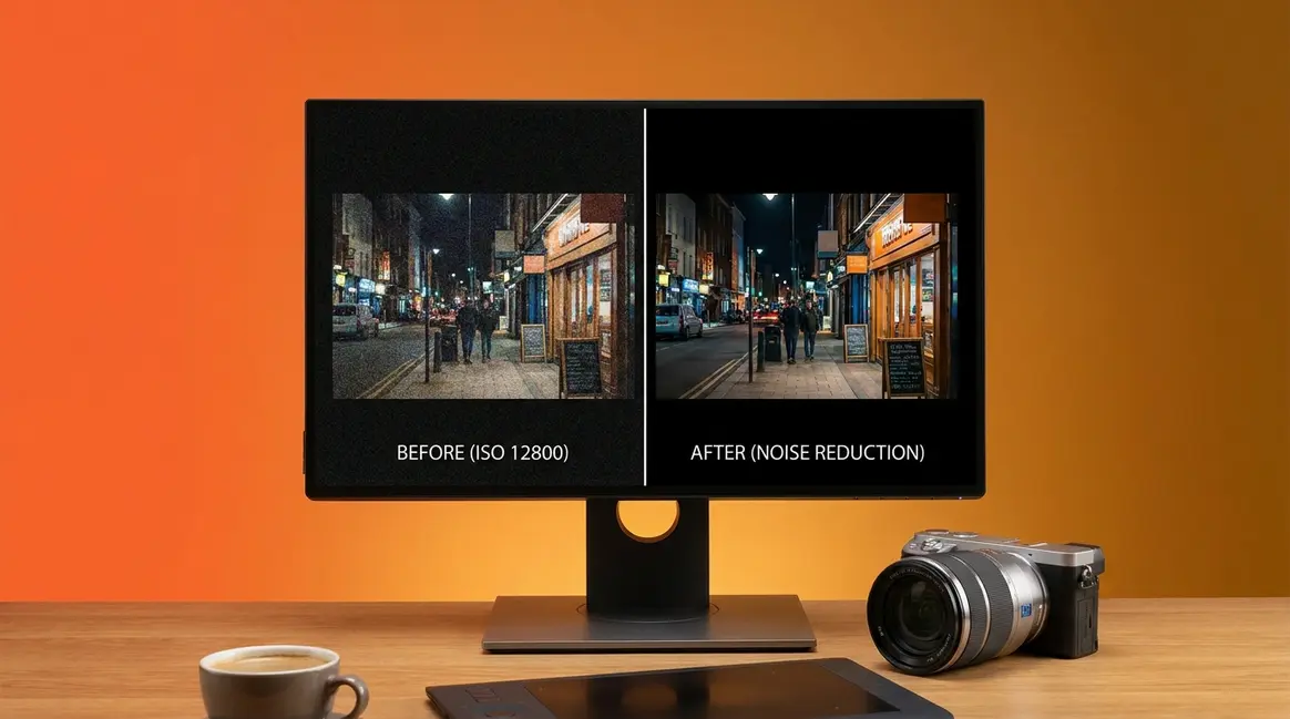 Photo noise reduction before and after comparison displayed on a monitor with camera nearby