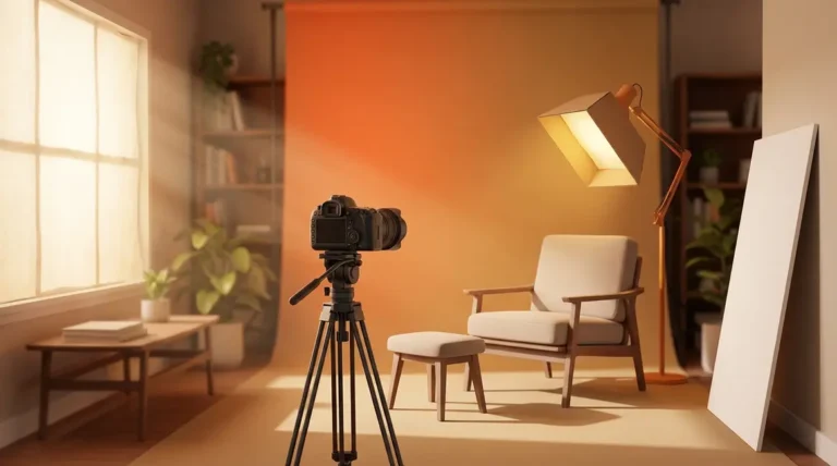 Photography lighting at home setup showing three-point window light and foam core reflector arrangement