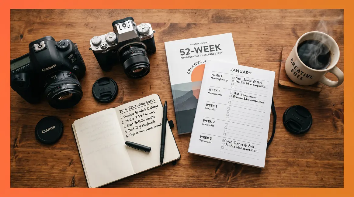 Photography resolutions ideas flat lay with cameras, planner, and goals notebook for 2026