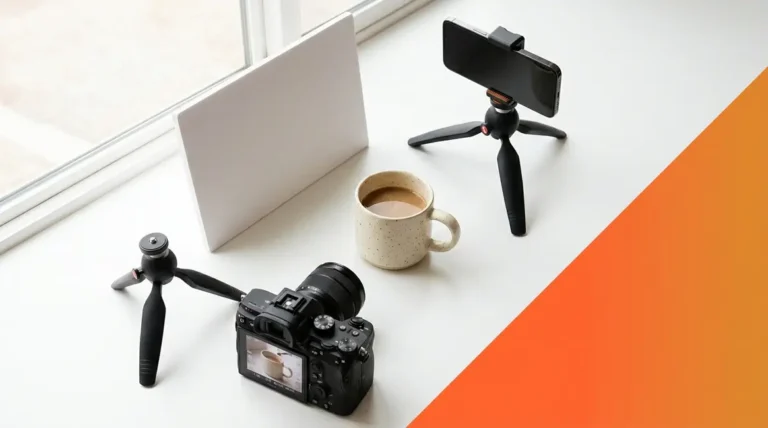 Product photography tips setup with camera, smartphone, foam board, and natural window light