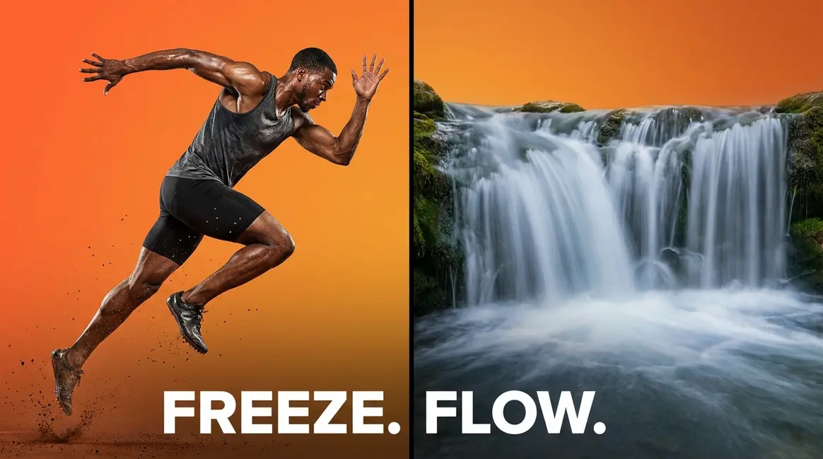Shutter speed explained — frozen athlete versus silky waterfall showing freeze and flow creative contrast