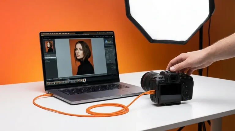 What is tethered shooting — camera connected by USB cable to laptop displaying Lightroom Classic