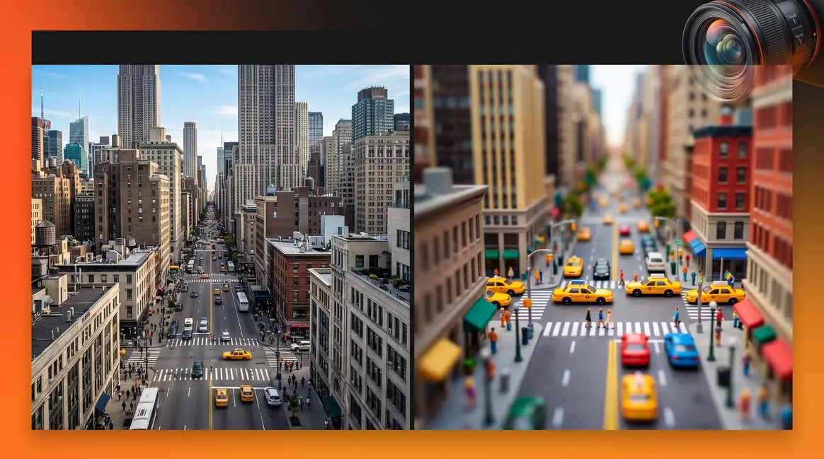 Tilt-shift photography comparison showing real city street transformed into miniature diorama effect