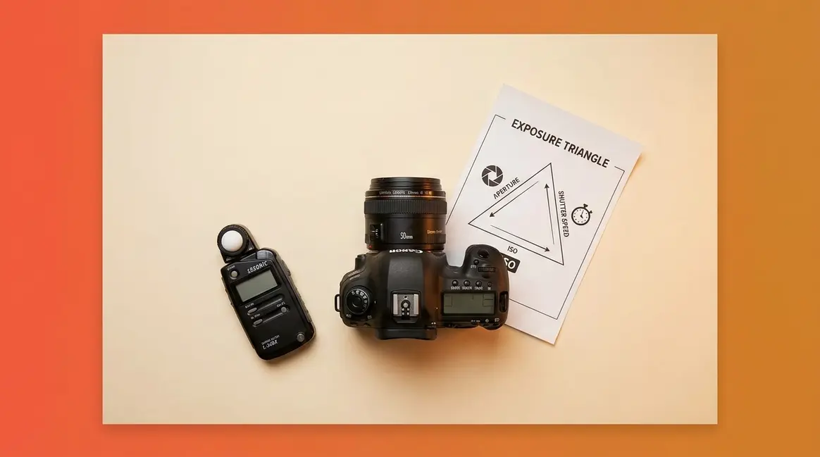 Understanding exposure photography guide showing camera with exposure triangle diagram and light meter