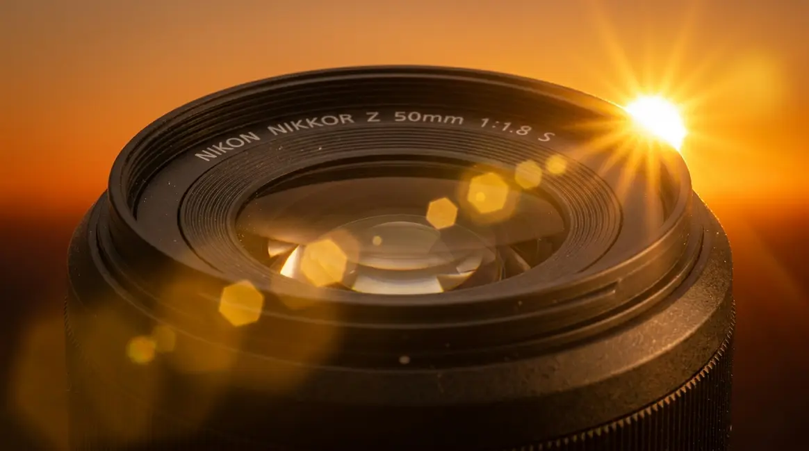 What is lens flare — camera lens with golden sun producing colorful flare artifacts