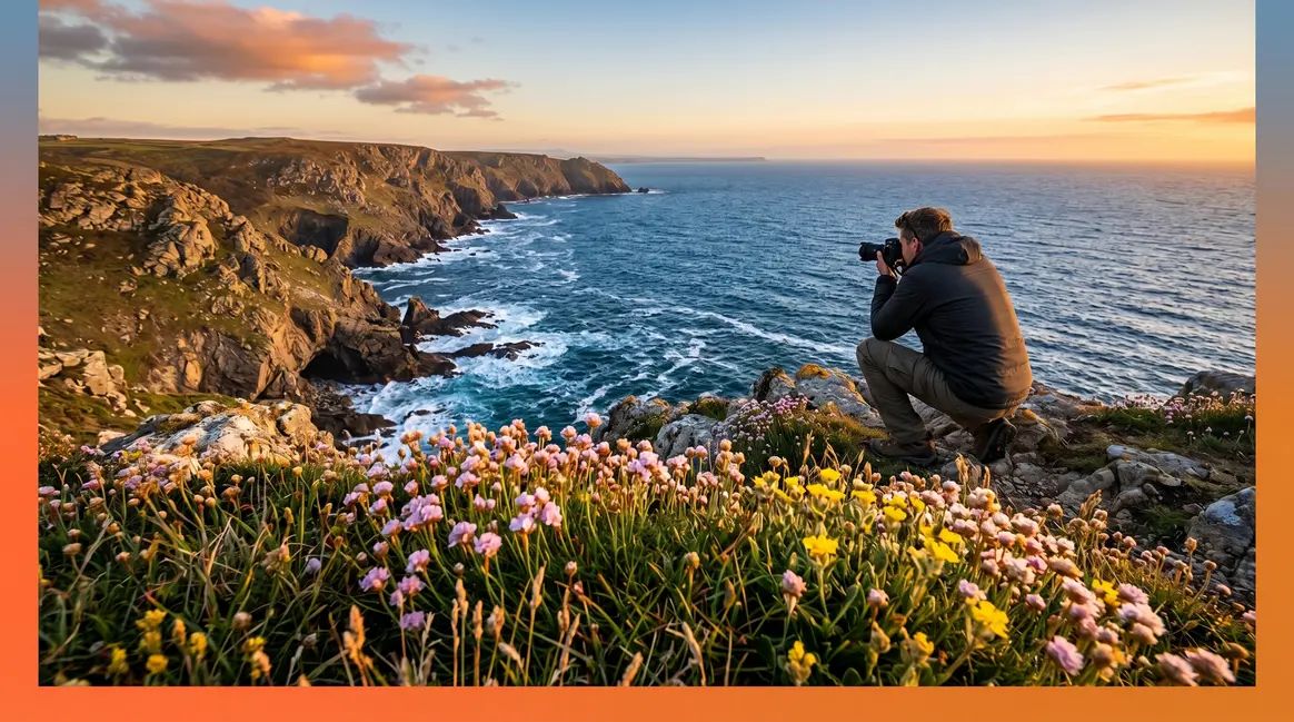Photographer using a wide-angle lens to capture dramatic coastal landscape with foreground wildflowers