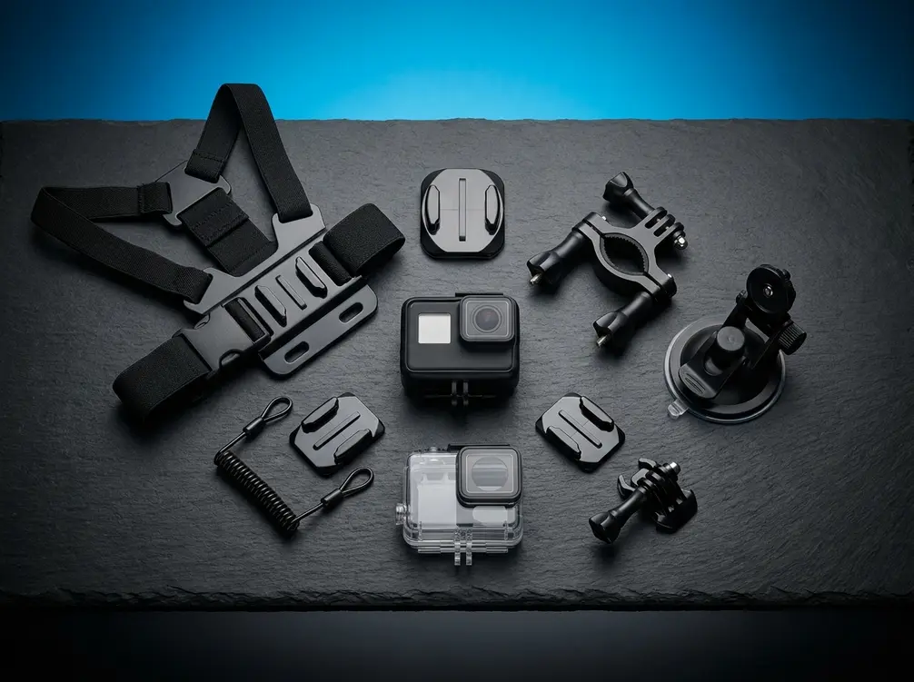 Action camera accessories kit with GoPro mounts, chest harness, and protective housing case