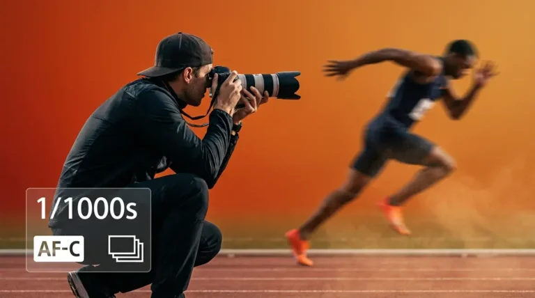 Action photography tips showing photographer capturing fast-moving athlete with freeze formula settings