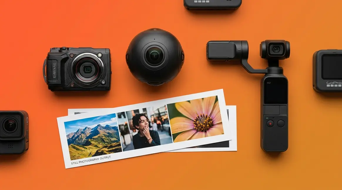 Best action cameras for photography arranged as flat-lay with printed still photo samples