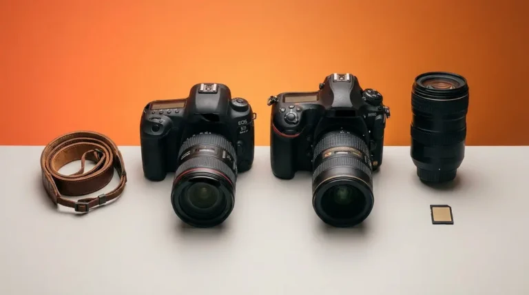Best DSLR cameras for 2026 — Nikon and Canon DSLRs arranged in expert review flat-lay