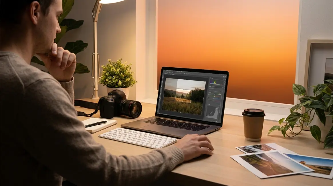 Beginner using best photo editing software on laptop with camera nearby