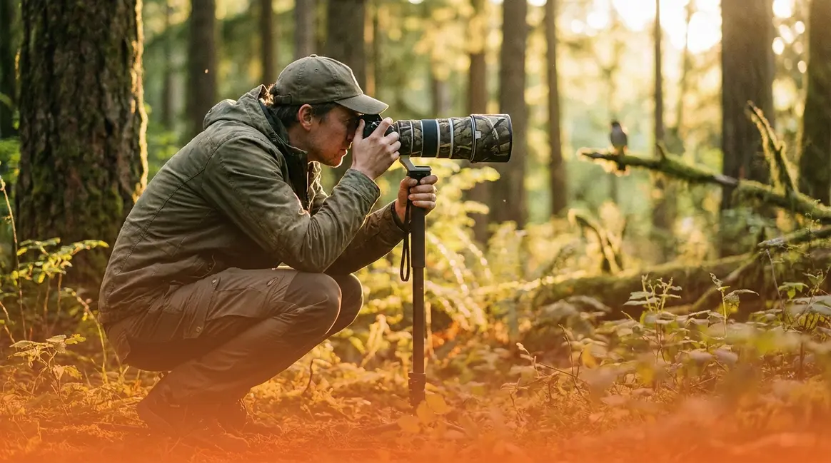 Wildlife photographer using a telephoto lens to photograph birds in a forest at golden hour