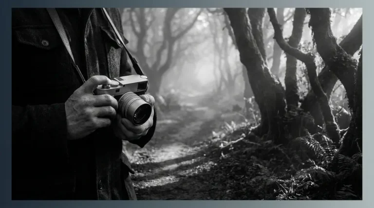 Black and white photography guide showing photographer composing dramatic monochrome landscape scene