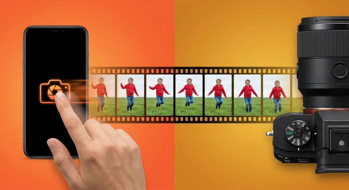 Burst mode photography guide showing smartphone and DSLR camera with action sequence filmstrip