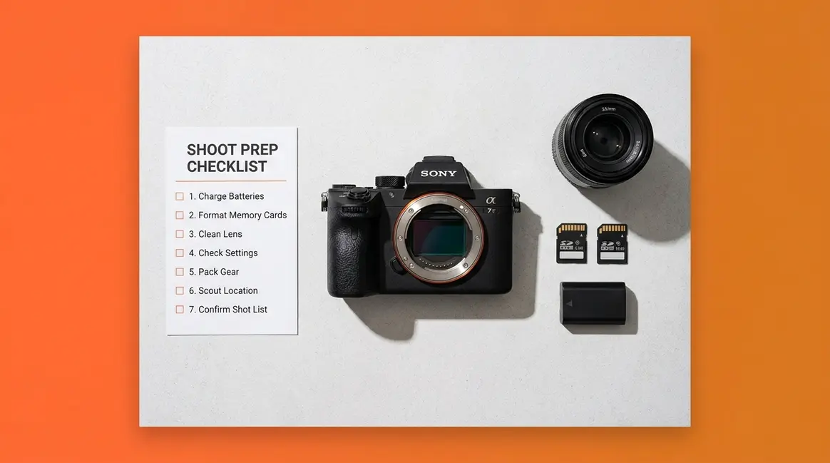 Camera settings checklist flat-lay with camera, printed protocol card, lens, and memory cards