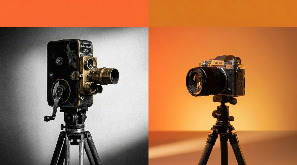 Charlie Chaplin effect digital camera comparison of vintage hand-cranked film camera and modern mirrorless
