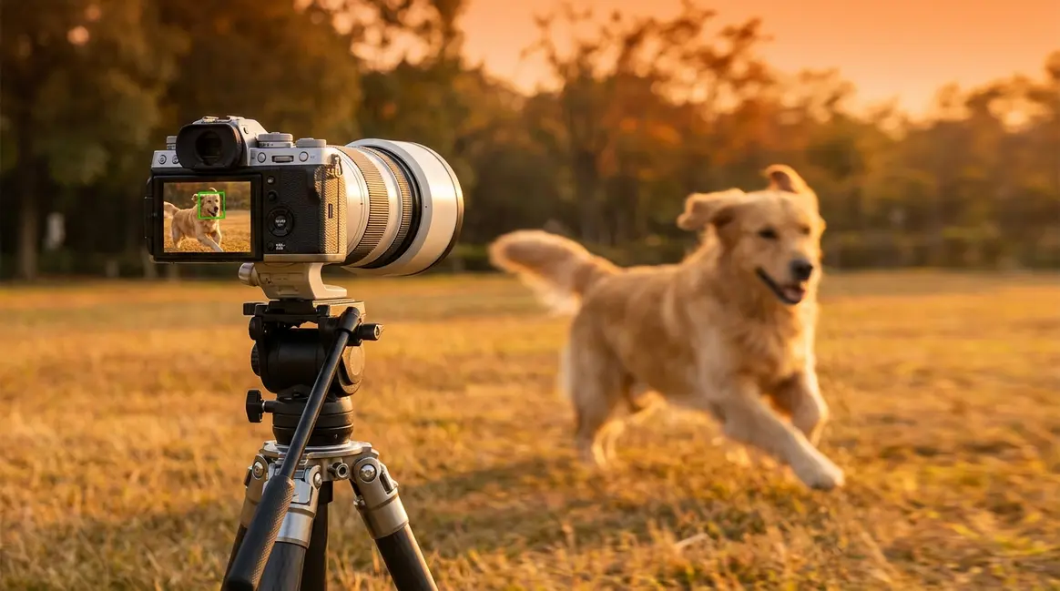 Continuous autofocus tracking a running dog with a mirrorless camera and telephoto lens
