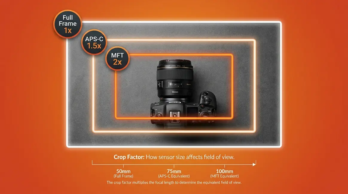 Crop factor photography diagram showing full frame, APS-C, and Micro Four Thirds sensor size comparison