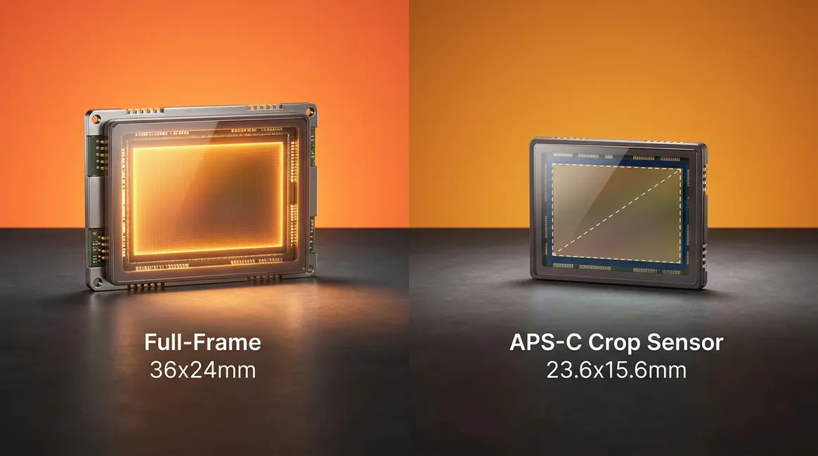Crop sensor explained — APS-C versus full-frame sensor size comparison diagram for beginner photographers