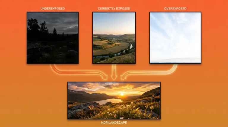 Exposure bracketing guide showing three bracketed frames merging into one HDR landscape photo