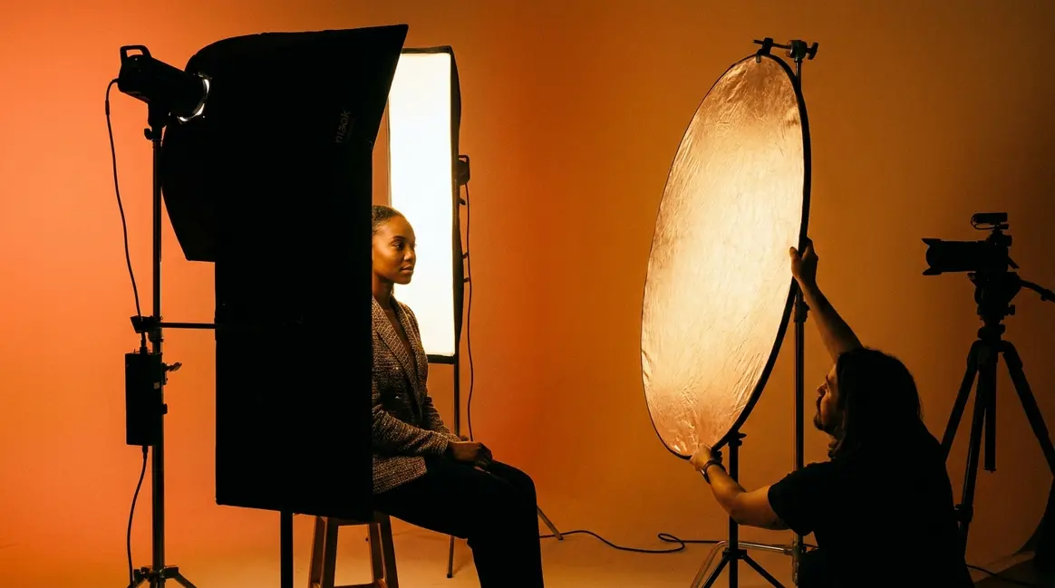 Fill light photography studio setup showing key light and reflector fill light balancing portrait shadows