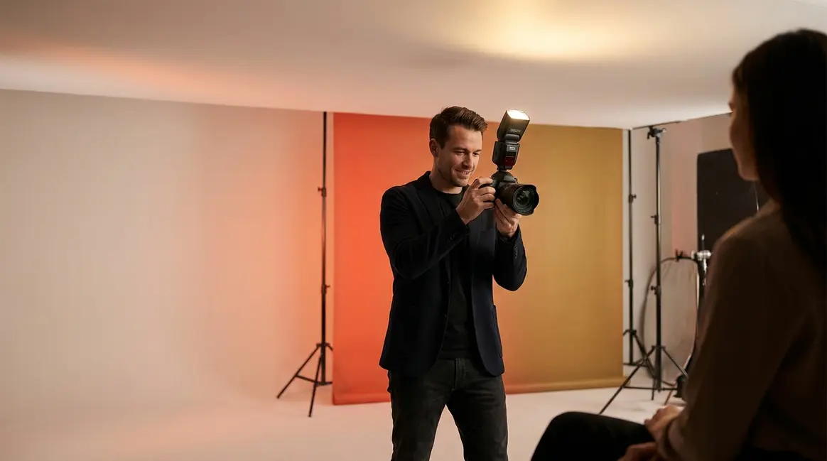 Flash photography tutorial showing photographer using speedlight with bounce flash technique in studio