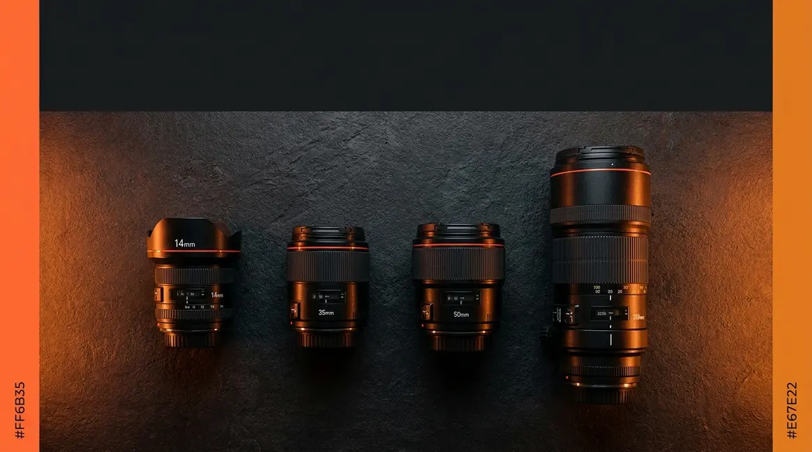 Focal length in photography guide showing four lenses from 14mm to 200mm arranged side by side