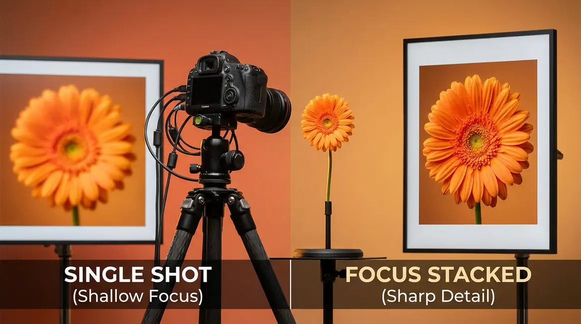 What is focus stacking — camera on tripod photographing a flower with sharp macro result