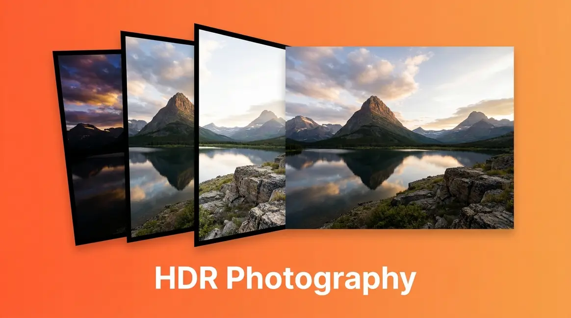 HDR photography guide showing three bracketed exposures merging into one balanced landscape image